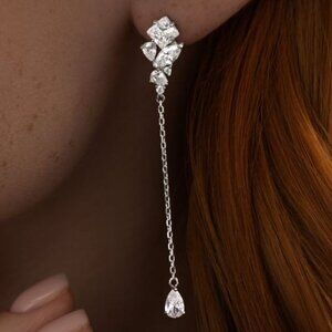 925 Sterling Silver Rhodium Plated Pear and Princess Cut CZ Dangle Earrings